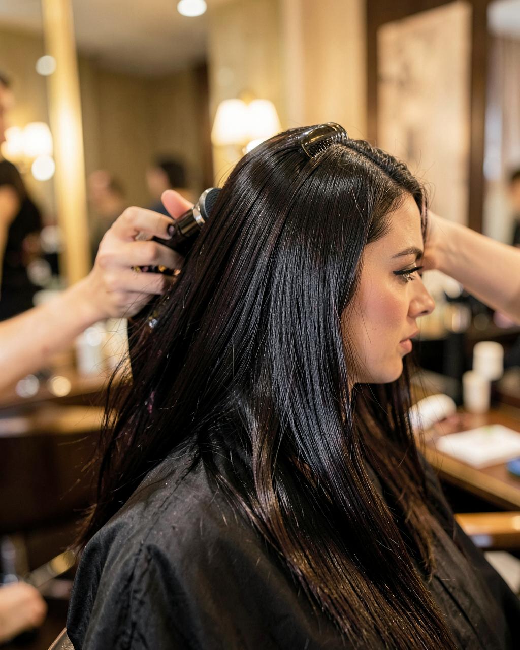 Stylist blow-drying long dark hair with a round brush
