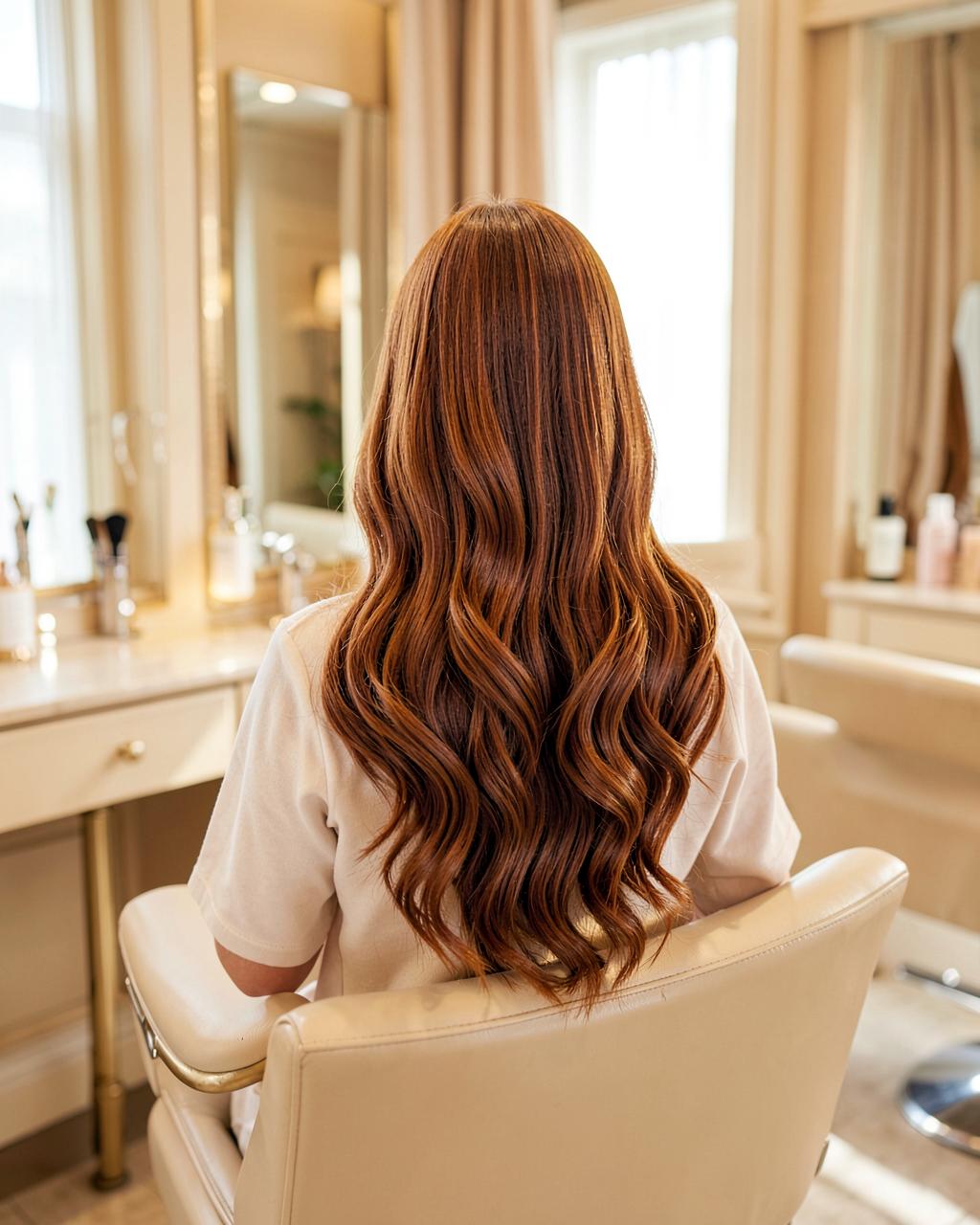 Long copper-brown hair styled into soft waves, seen from behind