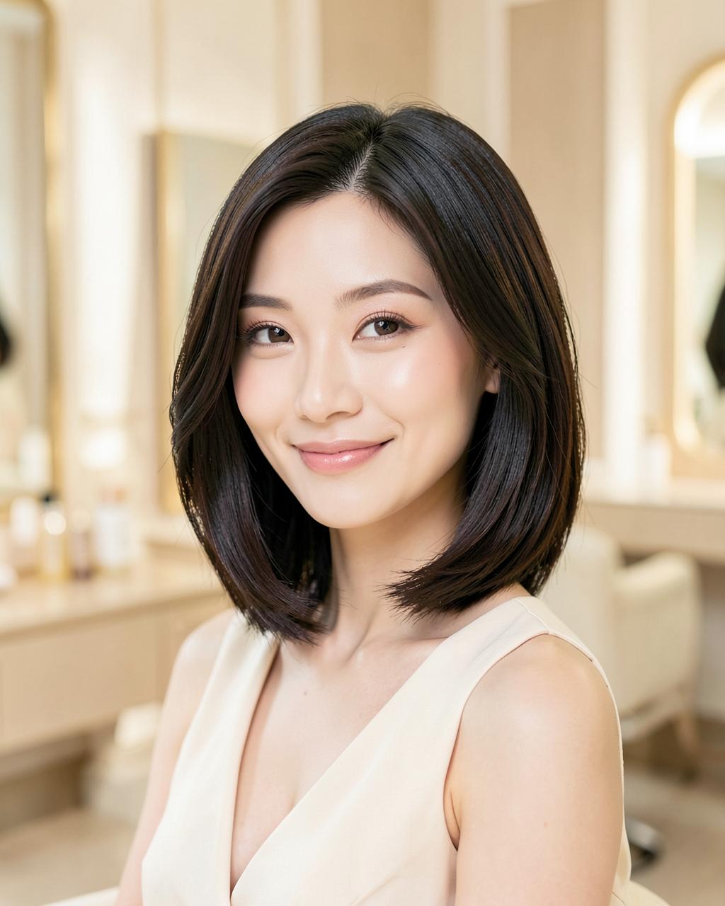 Smiling woman with a sleek shoulder-length haircut