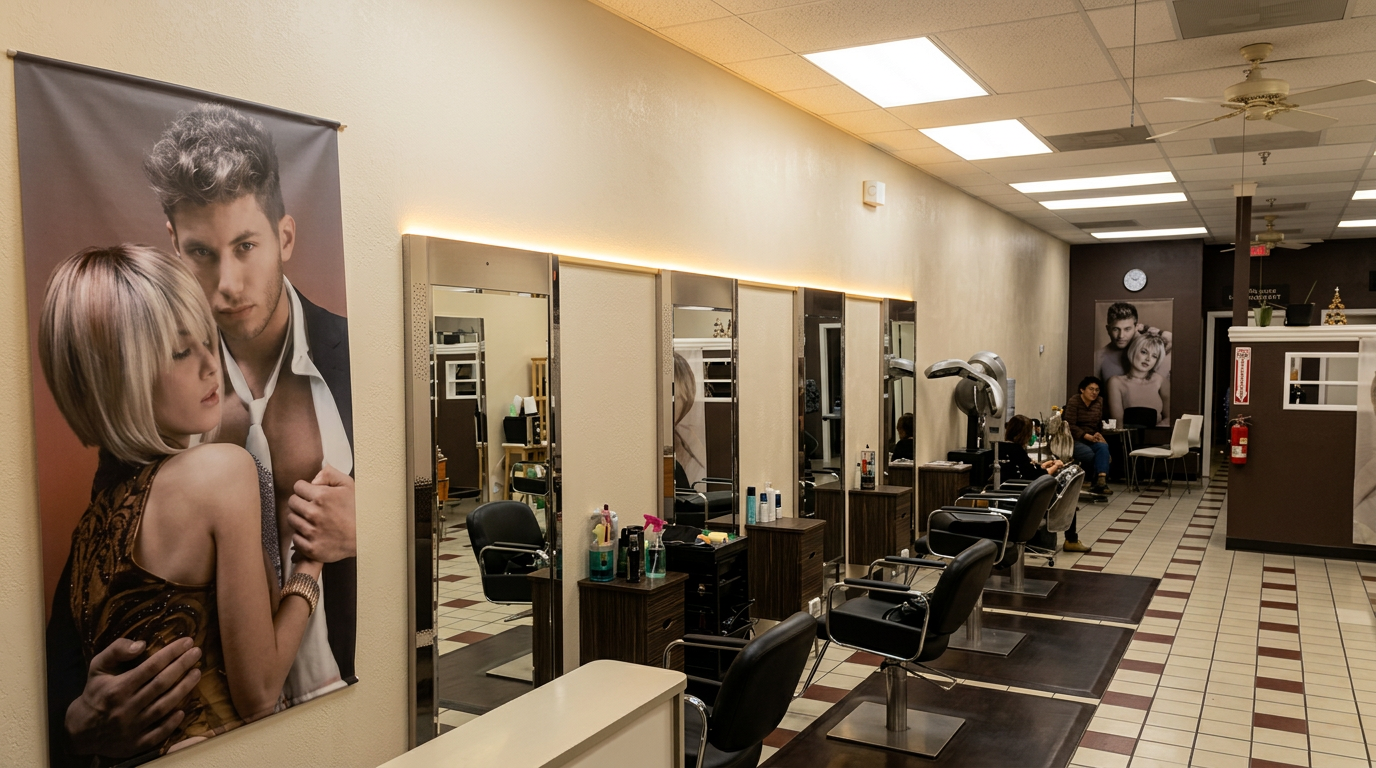 Row of mirrors and styling chairs at Sara Hair Salon